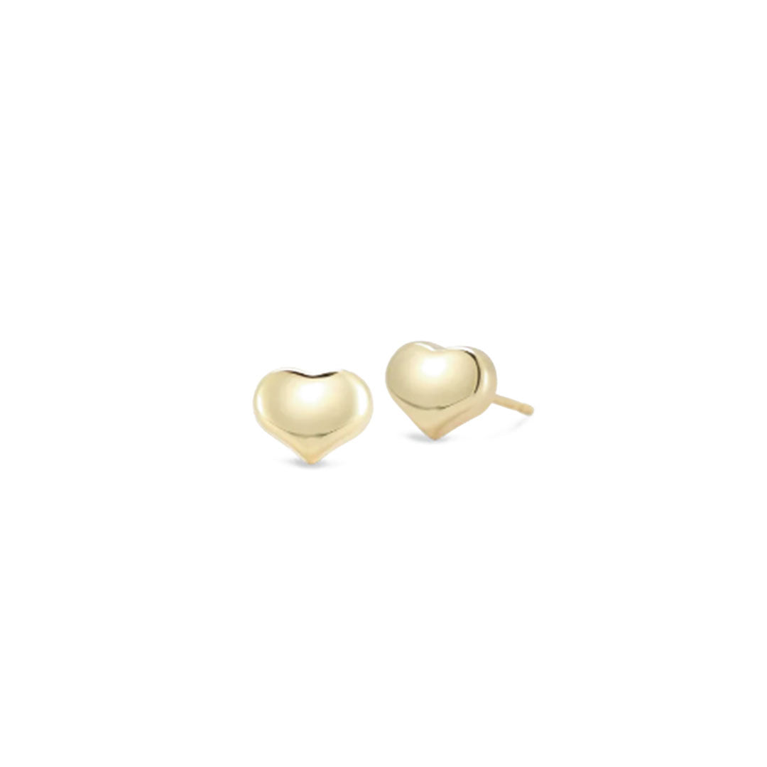 The Roberto Coin Tiny Treasures 18K Yellow Gold Heart Stud Earrings feature small, shiny heart-shaped studs—ideal for everyday wear and beautifully showcased on a white background.