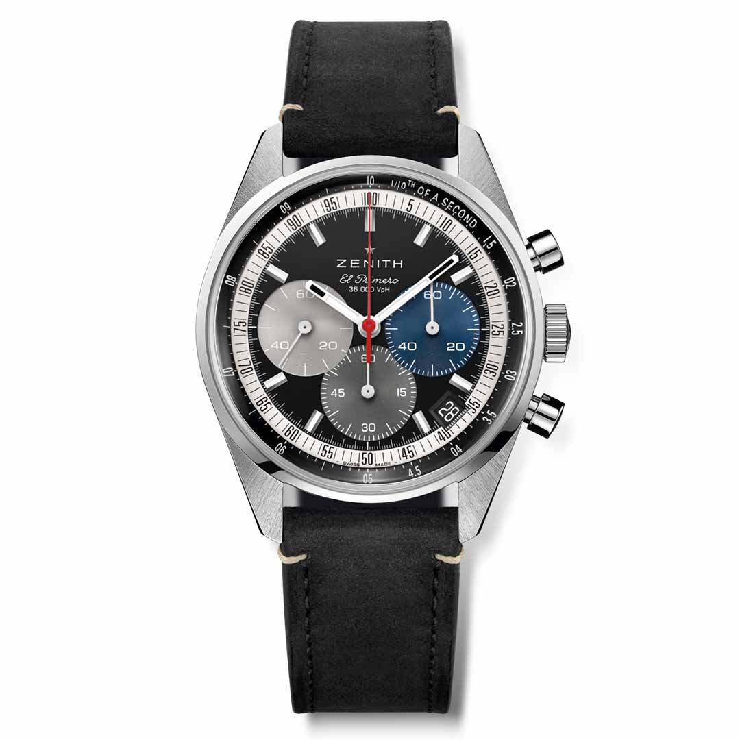 The ZENITH Chronomaster Original El Primero 3600 Automatic 38mm Watch from Zenith features a high-frequency movement and comes with a black leather strap and silver casing. Its dial includes three subdials in grey, silver, and blue, accented by a red-tipped second hand and minute markers on the outer rim.