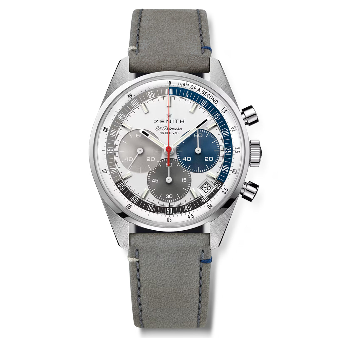 Discover the ZENITH Chronomaster Original El Primero 3600, a luxurious 38mm watch. It features a silver-tone dial with blue, gray, and silver sub-dials, a date display, and a refined silver bezel. With gray leather strap and right-side pushers and crown, it embodies precision and elegance.