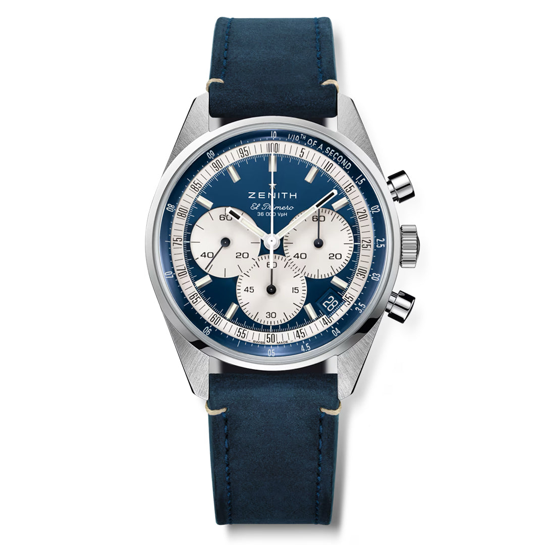 The ZENITH Chronomaster EP Original El Primero 3600 38mm watch by Zenith features a blue dial, silver and white subdials, and a blue leather strap. It includes two pushers, a crown on the side with sleek silver markers and hands, powered by the high-frequency El Primero 3600 chronograph.