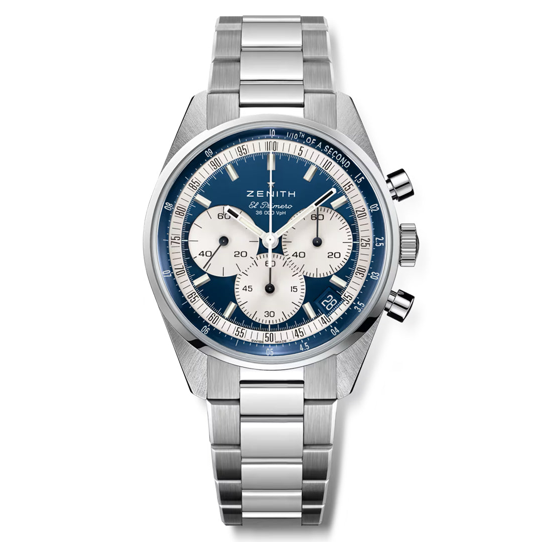 The Zenith Chronomaster EP Original El Primero 3600 38mm Watch features a stainless steel case with a blue dial, three subdials, and high-frequency chronograph. It includes a tachymeter scale, right-side crown with pushers, and linked metal bracelet.