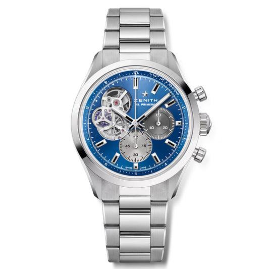 The ZENITH Chronomaster Open El Primero 3604 39.5mm Watch by Zenith is crafted in stainless steel and features a blue dial with silver subdials, an open-heart showcasing the El Primero movement, automatic chronograph function, two pushers, and a sleek stainless steel bracelet.