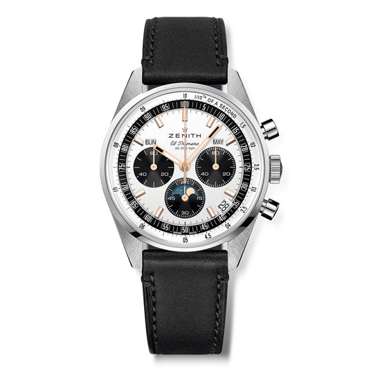 The ZENITH Chronomaster Original El Primero 3600 38mm Watch features a luxurious black leather strap and silver case, with high-frequency chronograph sub-dials, date displays, numbered bezel detailing, and luminescent hands.