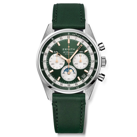 The ZENITH Chronomaster Original El Primero 3610 is a 38mm stainless steel watch, featuring a dark green leather strap and dial. It includes a high-frequency chronograph, three subdials, and date window at 4 o'clock. The right side of the case features silver hands/index markers, two pushers, and a crown.