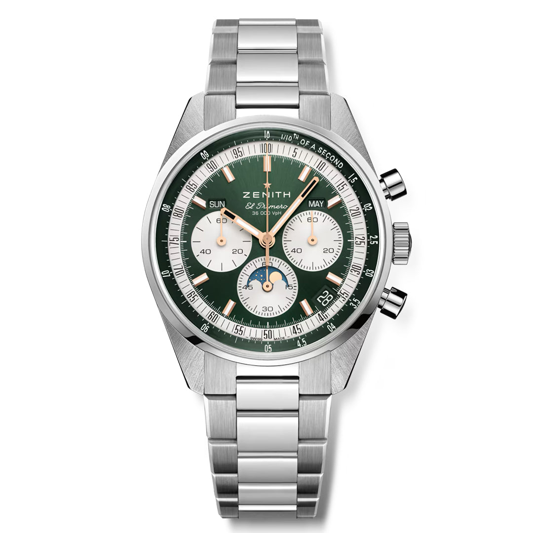 The ZENITH Chronomaster Original El Primero 3610 38mm Watch by Zenith is a silver wristwatch with a green dial, three subdials for day, date, and moon phase. It features a polished metal band and bezel with side pushers, exemplifying the precision of the El Primero 3610 movement for a timeless triple calendar experience.