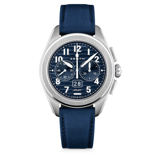 The Zenith Pilot Chronograph Flyback Big El Primero 3652 features a blue dial, matching blue leather strap, white hour markers, three subdials, a Big Date Flyback at 6 o'clock, silver-tone hands, and stainless steel bezel.