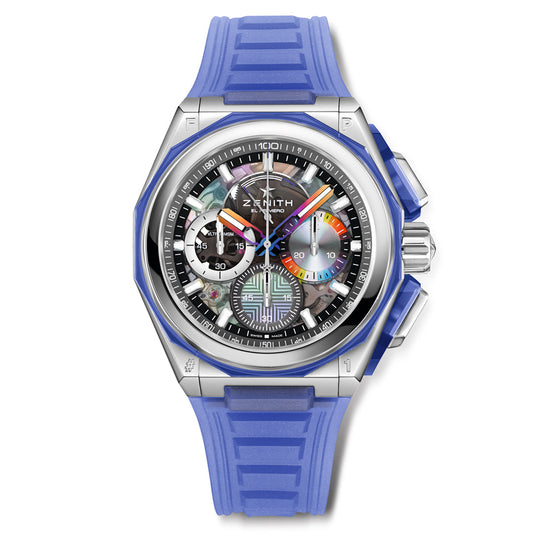 The limited edition ZENITH Defy Extreme El Primero 9004 45mm watch by Zenith features a sapphire dial with a blue rubber strap, multiple chronograph dials with colorful accents, and a silver-toned case revealing intricate mechanisms that showcase exquisite craftsmanship.