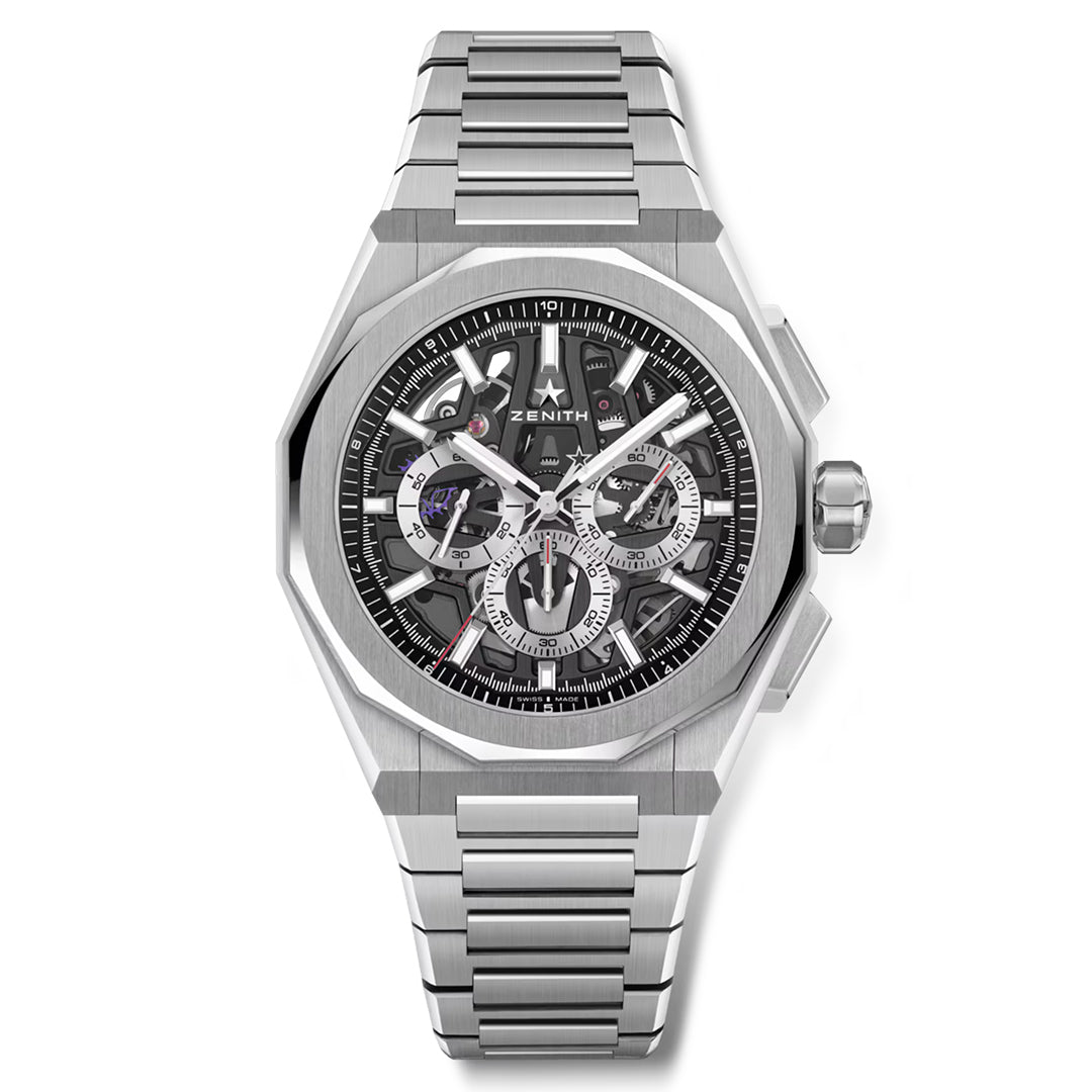 The ZENITH Defy Skyline Chronograph Skeleton El Primero 3600SK 42mm Watch features a metallic silver band and casing, an intricate dial with open gears, multiple sub-dials, white hands, and the Zenith brand name. It offers a modern, sophisticated design with the El Primero movement.