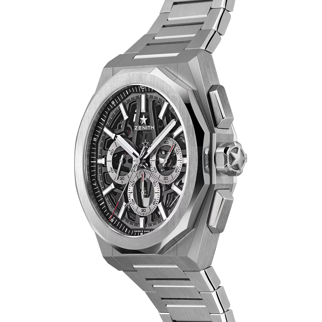 Side view of the ZENITH Defy Skyline Chronograph Skeleton El Primero 3600SK 42mm Watch in silver, with a metal bracelet and intricate dial featuring multiple dials and a bold crown, showcasing Zenith’s sophistication and precision.