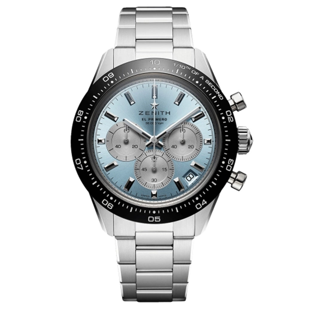 Discover the ZENITH Chronomaster Sport Yoshida Edition El Primero 3600 Automatic Chronograph, featuring a light blue face, three sub-dials, and silver-toned hands. Its black bezel with white markings and stainless steel bracelet complete this 41mm watch masterpiece by Zenith.