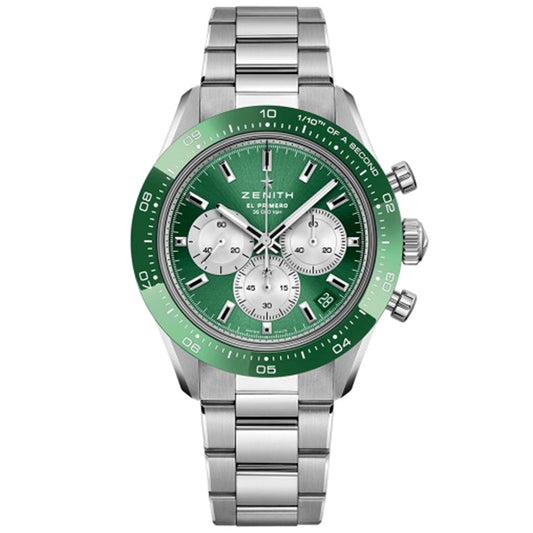 The Zenith Chronomaster Sport Yoshida Edition El Primero 3600 Automatic Chronograph features a silver wristwatch with a green bezel and dial, three sub-dials, silver hour markers, a stainless steel bracelet, and three side buttons.