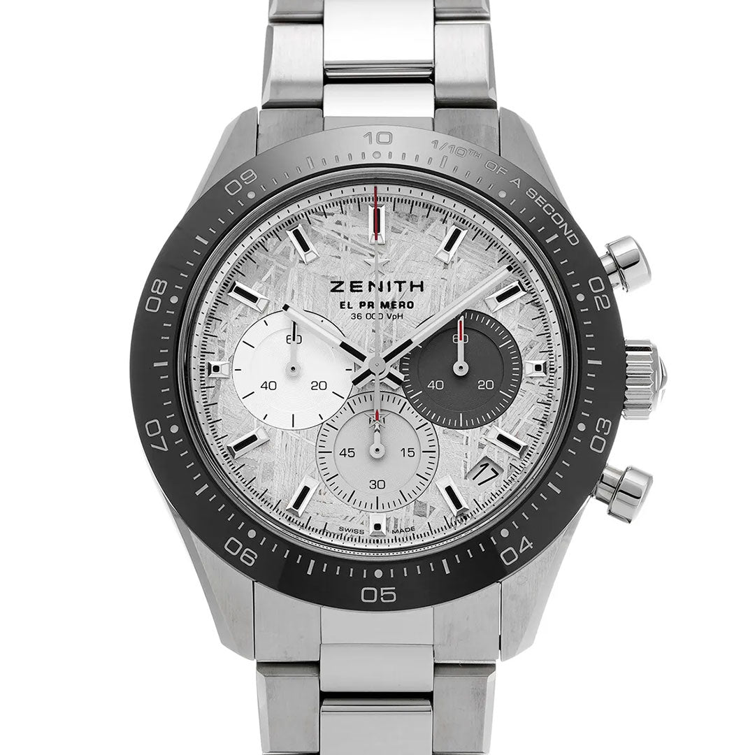 The Zenith Chronomaster Sport El Primero 3600 Automatic Chronograph 41mm Watch features a silver metal band, black bezel, textured silver dial with three subdials, and clear black-and-white hands and markers.