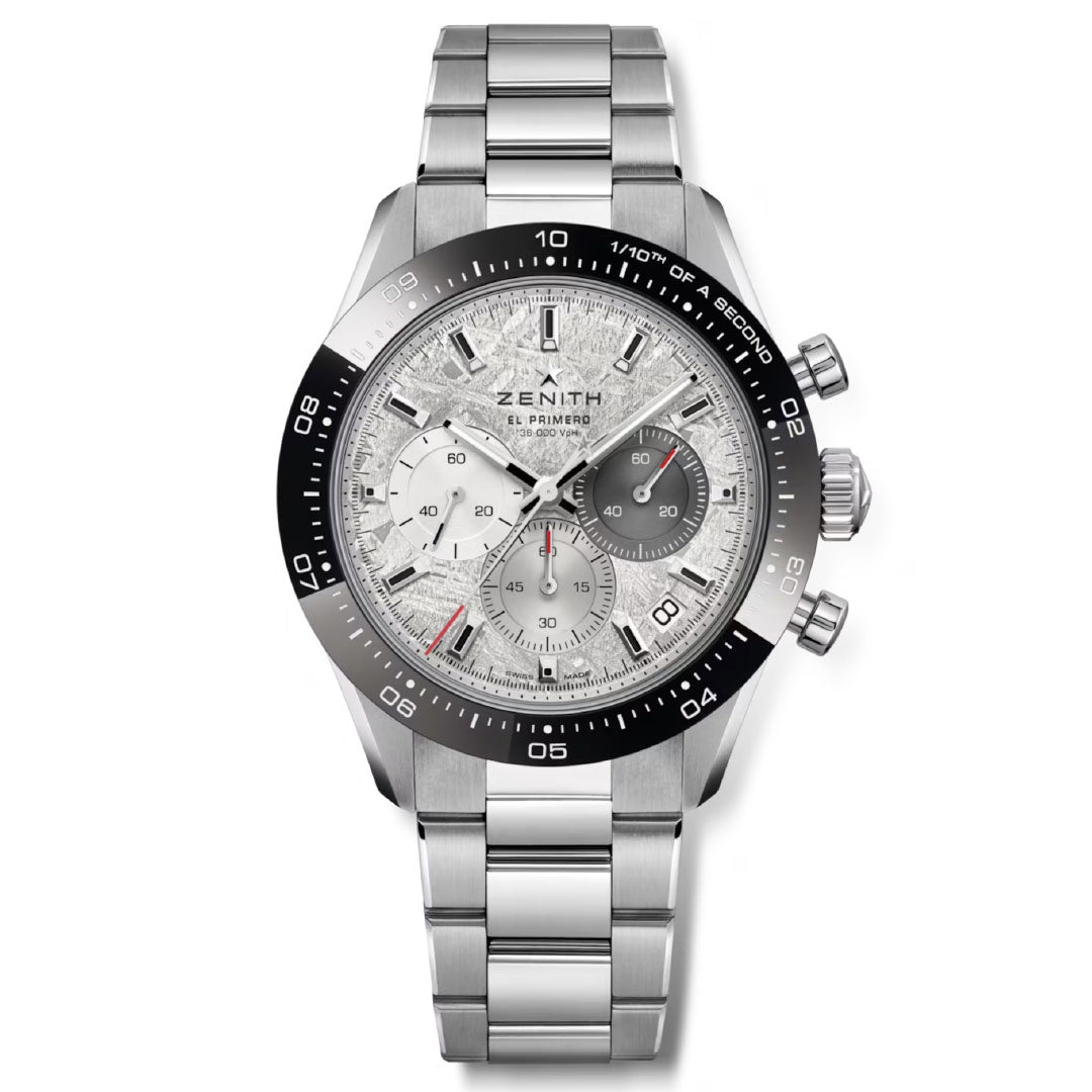 The Zenith Chronomaster Sport El Primero 3600 Automatic Chronograph 41mm features a meteorite-textured dial, black bezel, three subdials, stainless steel case and bracelet, and precise time markers for an intricate look.