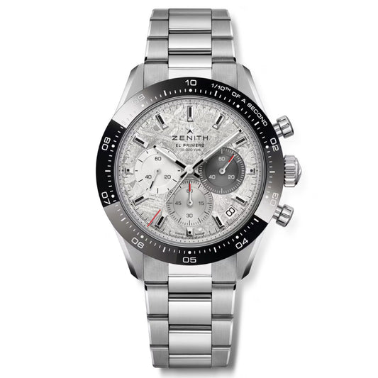 The Zenith Chronomaster Sport El Primero 3600 Automatic Chronograph 41mm features a meteorite-textured dial, black bezel, three subdials, stainless steel case and bracelet, and precise time markers for an intricate look.