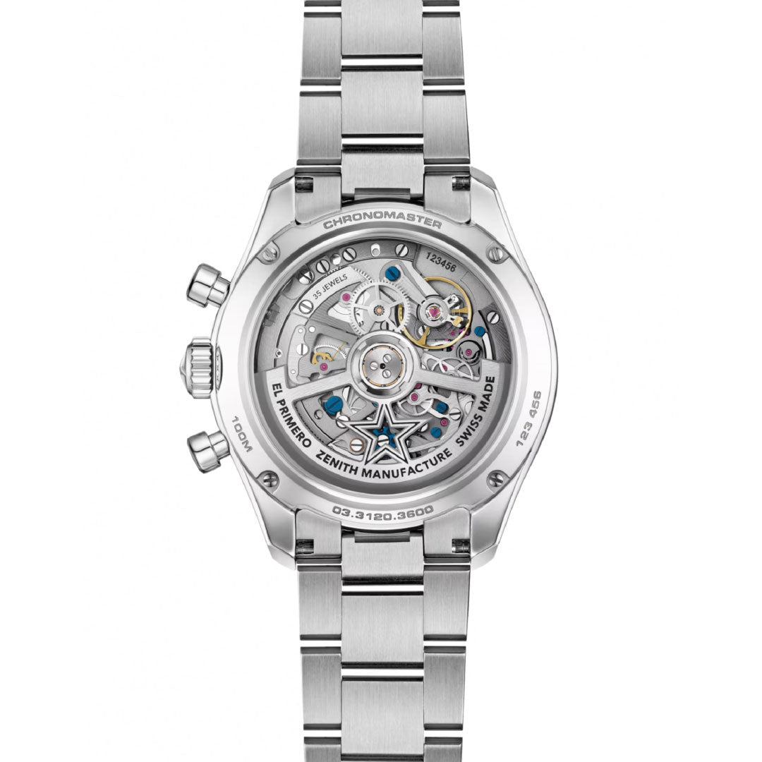 A close-up of the Zenith Chronomaster Sport El Primero 3600 Automatic Chronograph 41mm shows its detailed mechanical movement through a transparent caseback, stainless steel bracelet, and engraved edge details.