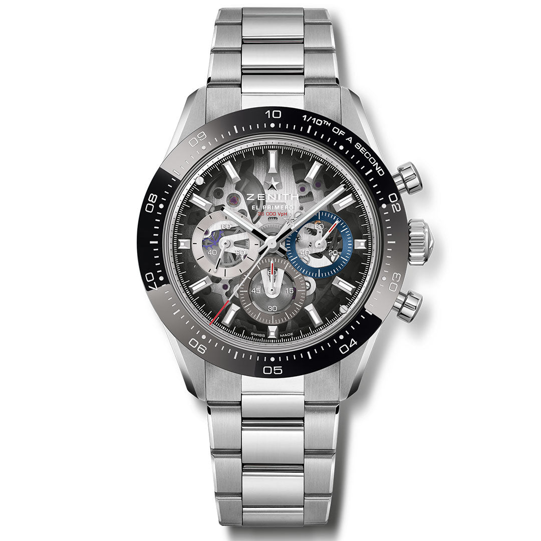 The ZENITH Chronomaster Sport Skeleton El Primero 3600 SK is a 41mm stainless steel automatic chronograph watch with a skeleton dial, visible gears, black bezel, three subdials, and metal bracelet. The Zenith brand is shown on the face.