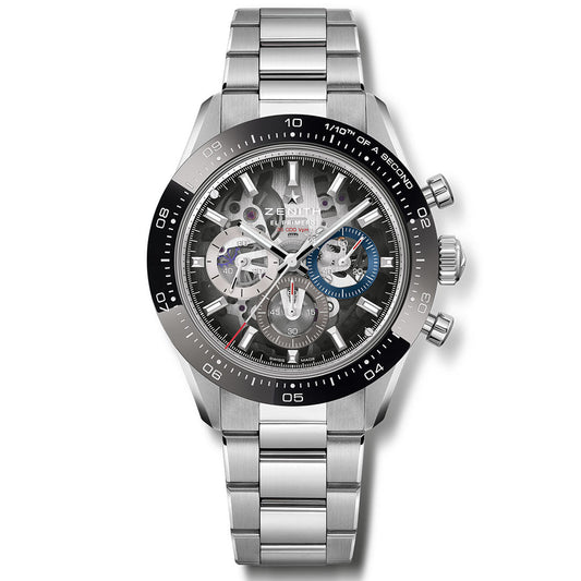 The ZENITH Chronomaster Sport Skeleton El Primero 3600 SK is a 41mm stainless steel automatic chronograph watch with a skeleton dial, visible gears, black bezel, three subdials, and metal bracelet. The Zenith brand is shown on the face.