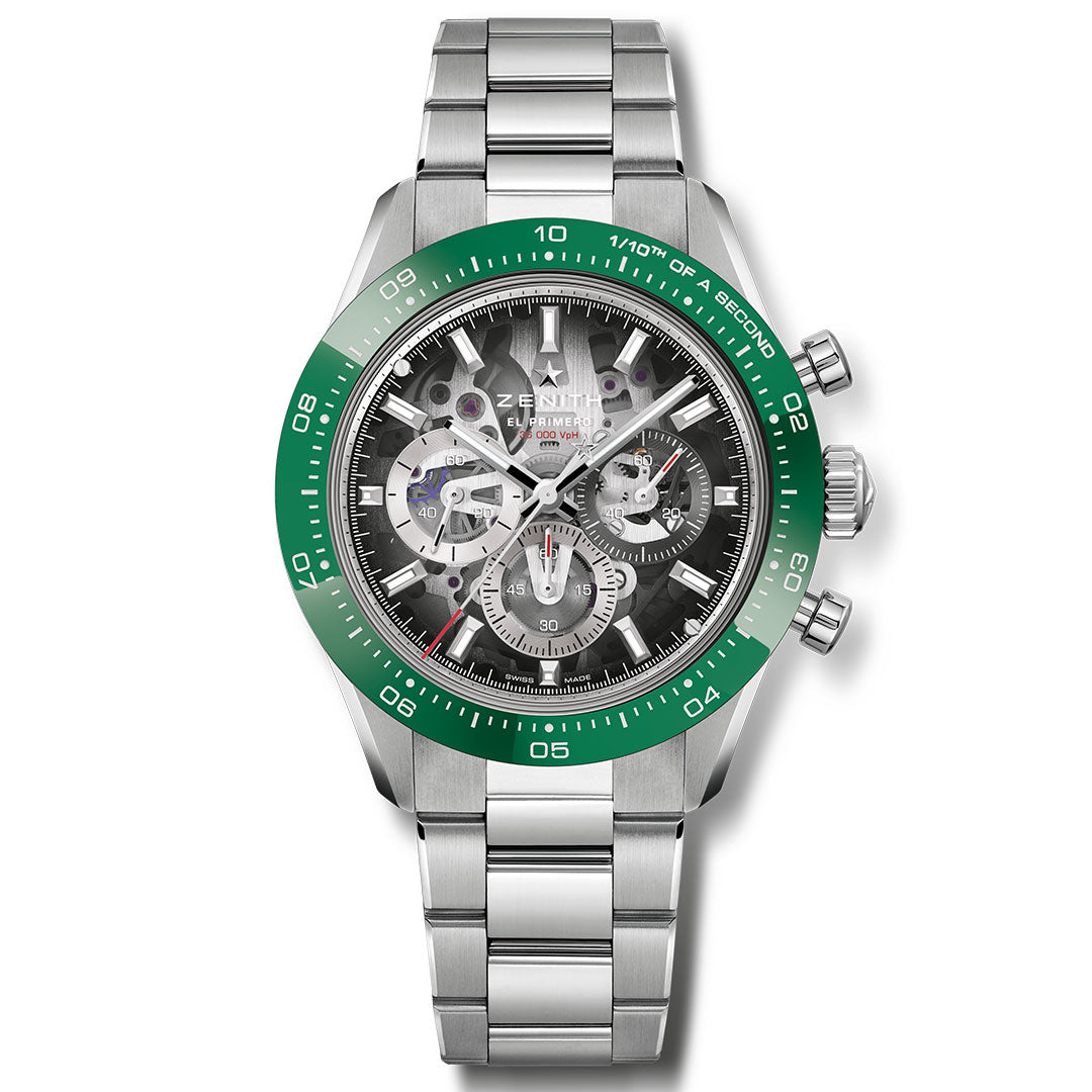 The Zenith Chronomaster Sport Skeleton El Primero 3600 SK Automatic Chronograph 41mm features a stainless steel case, green bezel, skeleton dial with three subdials, and reveals the high-frequency El Primero chronograph movement.