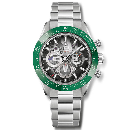 The Zenith Chronomaster Sport Skeleton El Primero 3600 SK Automatic Chronograph 41mm features a stainless steel case, green bezel, skeleton dial with three subdials, and reveals the high-frequency El Primero chronograph movement.