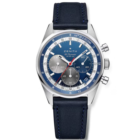 The Zenith Chronomaster Original El Primero 3610 38mm Watch features a blue dial with three sub-dials, silver and red accents, a stainless steel case, and a blue leather strap.