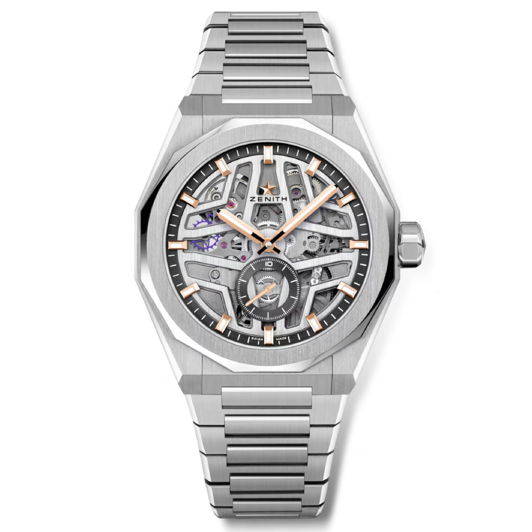 The Zenith Defy Skyline Skeleton Boutique Edition (41mm) showcases the El Primero 3620 SK automatic movement via a skeleton dial, features rose gold accents, a small seconds at 6 o’clock, and comes with a silver steel interchangeable bracelet.