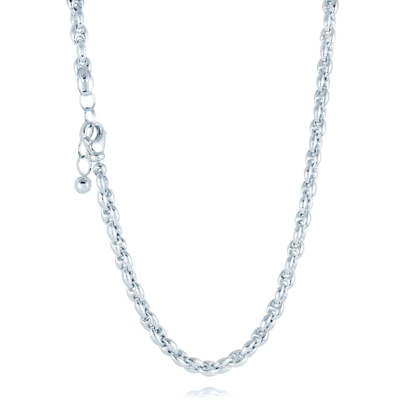 The Miss Mimi Sterling Silver Bombe Coffee Link Chain Necklace, from Miss Mimi by Yael, features interlinked oval-shaped links with an anti-tarnish finish for lasting shine. It includes a small spherical charm near the clasp and is displayed against a plain white background.