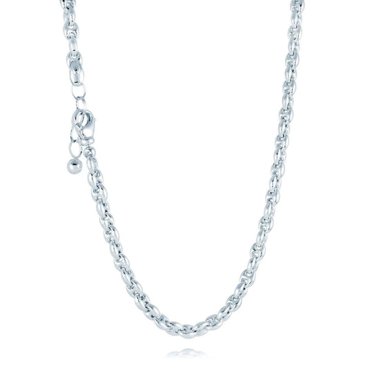 The Miss Mimi Sterling Silver Bombe Coffee Link Chain Necklace, from Miss Mimi by Yael, features interlinked oval-shaped links with an anti-tarnish finish for lasting shine. It includes a small spherical charm near the clasp and is displayed against a plain white background.