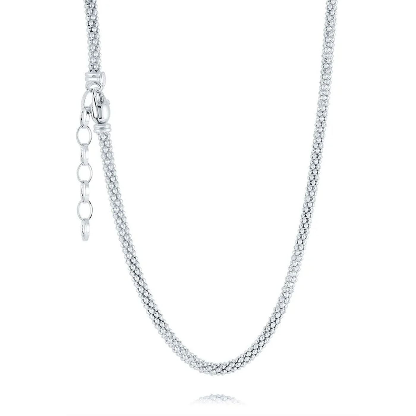 Presenting the Miss Mimi by Yael "Sterling Silver Pop Corn Chain Necklace," this design showcases a textured pattern and features an adjustable clasp with multiple links for size flexibility. With an anti-tarnish treatment, the necklace is highlighted against a plain white background.