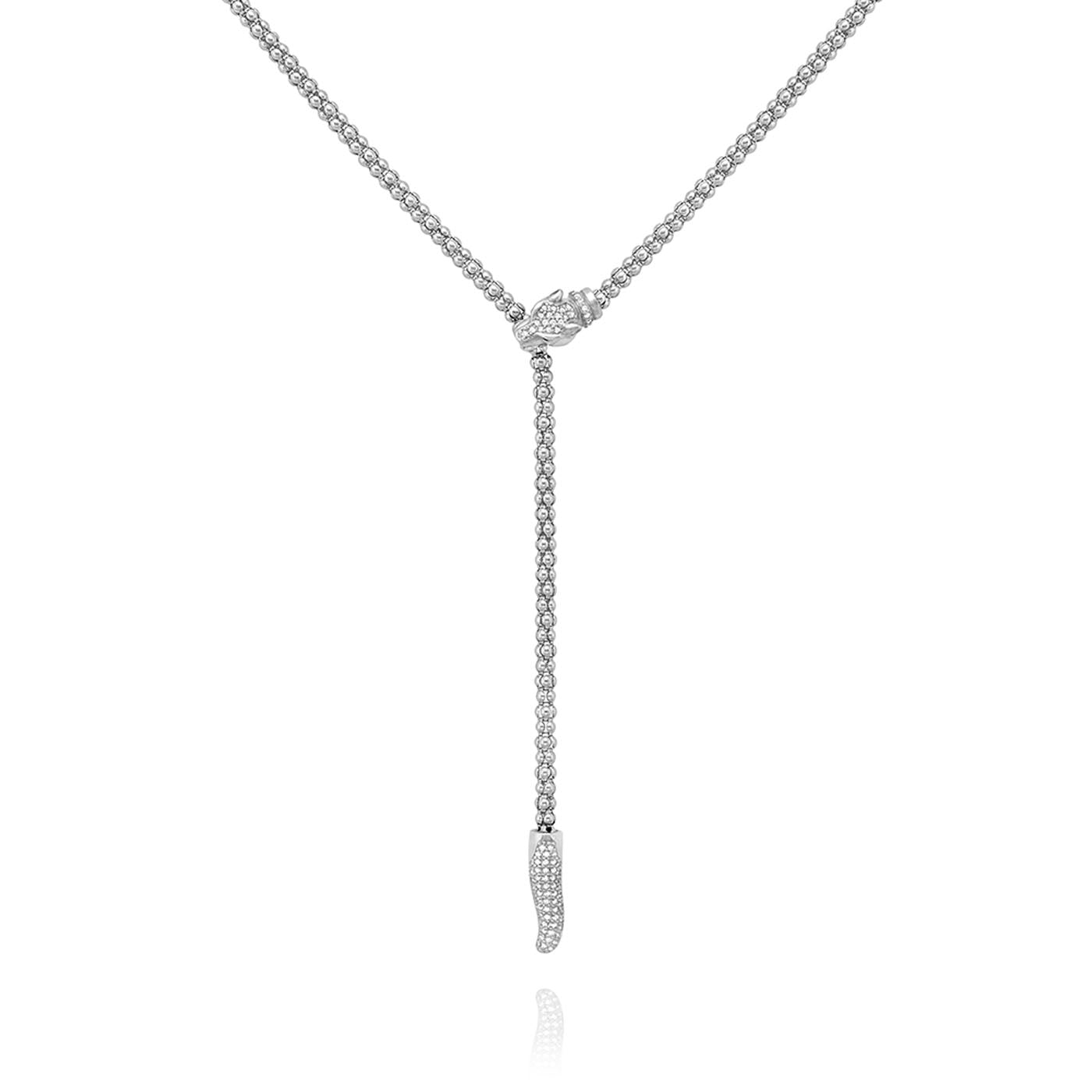 The Miss Mimi Lioness Red Eye Sterling Silver Lariat Necklace by Miss Mimi by Yael showcases a Y-shaped design with a delicate chain and two intertwined loops at its center, extending downward to a small, curved embellishment. Its shiny finish enhances the elegant appearance of its 52cm length.