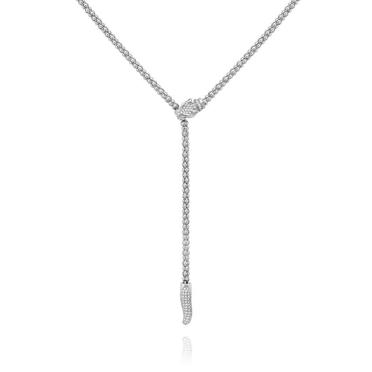 The Miss Mimi Lioness Red Eye Sterling Silver Lariat Necklace by Miss Mimi by Yael showcases a Y-shaped design with a delicate chain and two intertwined loops at its center, extending downward to a small, curved embellishment. Its shiny finish enhances the elegant appearance of its 52cm length.