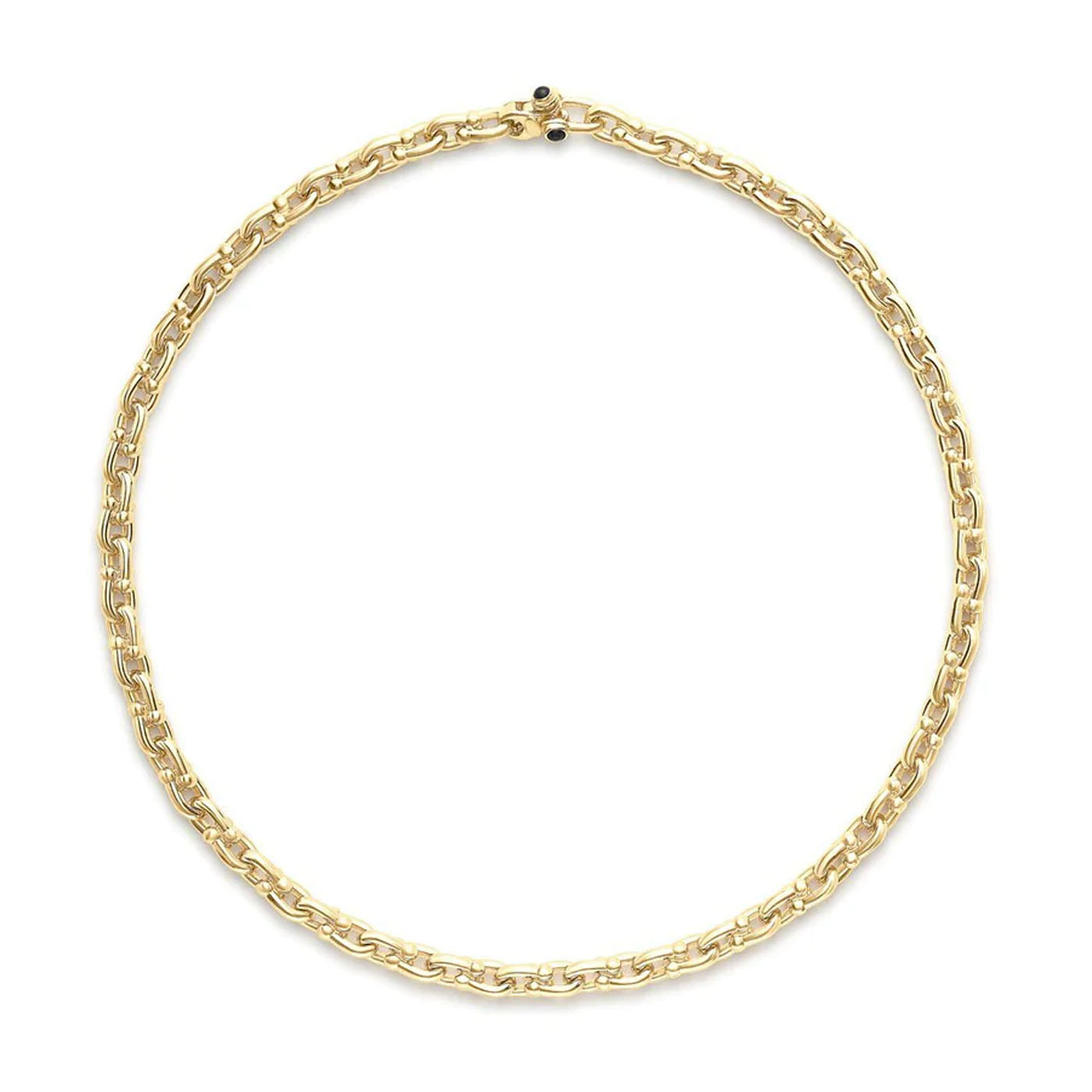 The Miss Mimi Vermeil Sterling Silver Marine Link Chain Necklace by Yael showcases interlocking links that form a complete circle. Its visible clasp at the top is highlighted with small black accents. Crafted in Italy, this simple and elegant design is set against a plain white background.