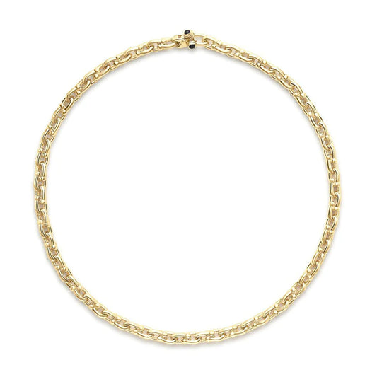 The Miss Mimi Vermeil Sterling Silver Marine Link Chain Necklace by Yael showcases interlocking links that form a complete circle. Its visible clasp at the top is highlighted with small black accents. Crafted in Italy, this simple and elegant design is set against a plain white background.