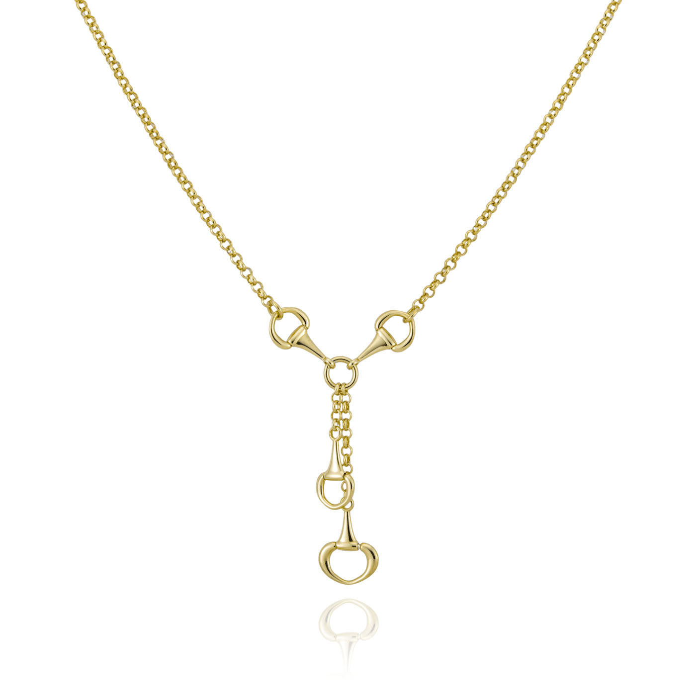 The Miss Mimi Horseshoe 18K Yellow Gold Vermeil Lariat Necklace from Miss Mimi by Yael showcases an elegant chain with a cascading pendant design, featuring heart-shaped elements. Crafted in 18kt yellow gold vermeil, the necklace is presented against a white background to accentuate its luxurious appeal.