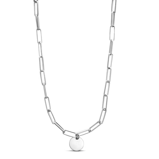 The Miss Mimi by Yael Sterling Silver Long Paperclip Link Chain with Round Necklace Pendant is a simple and elegant piece measuring 18 inches in length, featuring a minimalist style with elongated links and a round pendant at the center.