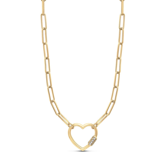 The Miss Mimi 18K Yellow Gold Vermeil and Sterling Silver Paperclip Chain with Heart Necklace Pendant from Miss Mimi by Yael features an elongated chain design showcasing a heart-shaped pendant, embellished with fine white stones on one side.