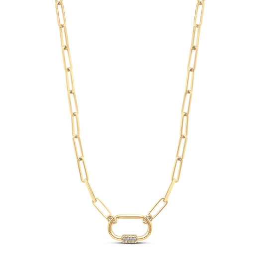 A Miss Mimi by Yael 18K yellow gold vermeil paperclip chain necklace featuring a horseshoe pendant, adorned with fine white stones and displayed on a white background.