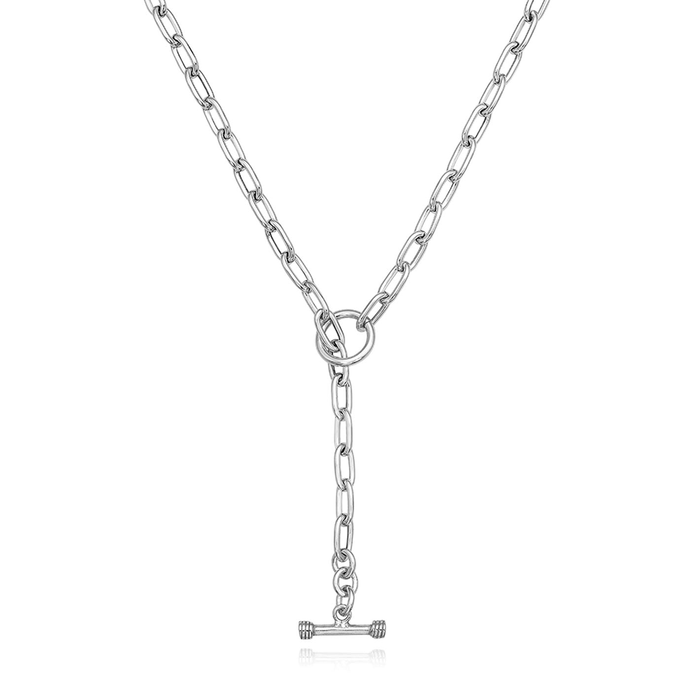 The Miss Mimi Sterling Silver T Bar Lariat Necklace by Miss Mimi by Yael features an elongated link design with a circular ring in the center and a toggle clasp, measuring 18 inches in length.