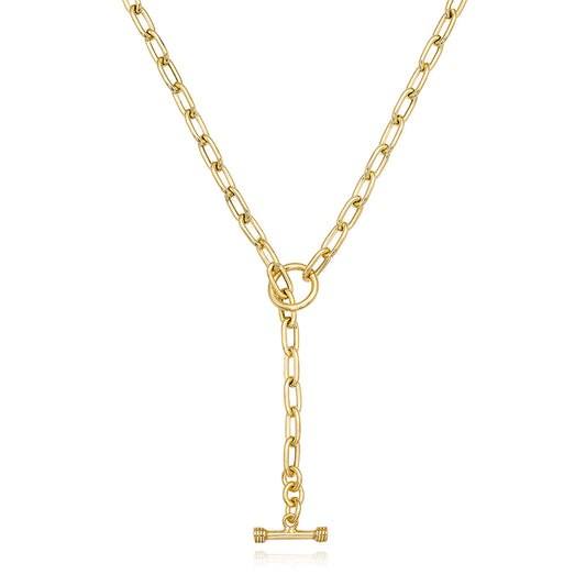 The Miss Mimi by Yael 18K Yellow Gold Vermeil T Bar Lariat Necklace features an 18" chain with a toggle clasp design, showcasing elongated flat links and a drop chain ending in a vertically hanging T-bar closure.