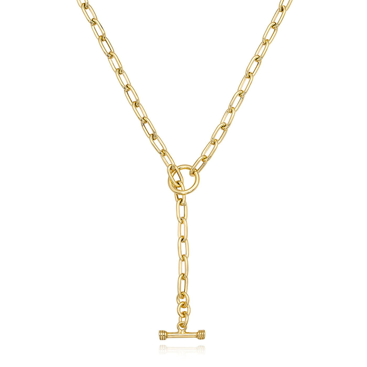 Introducing the Miss Mimi by Yael 18K Yellow Gold Vermeil T Bar Lariat Necklace: This stunning piece showcases a gold chain featuring a vertical bar pendant, elegantly suspended from a round clasp to form a chic Y-shape. Crafted in luxurious 18kt Yellow Gold Vermeil, its elongated links exude modern elegance. With a length of 20 inches, it looks effortlessly striking against a plain white background.