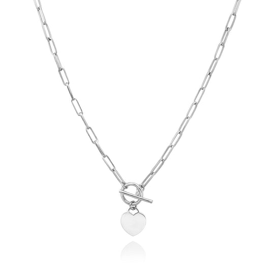 The Miss Mimi by Yael's Miss Mini Sterling Silver Chain with Heart Toggle Necklace Pendant showcases elongated links and a small heart-shaped charm. Measuring 18 inches in length, it features a toggle clasp at the front for a modern design, set against a plain white background.