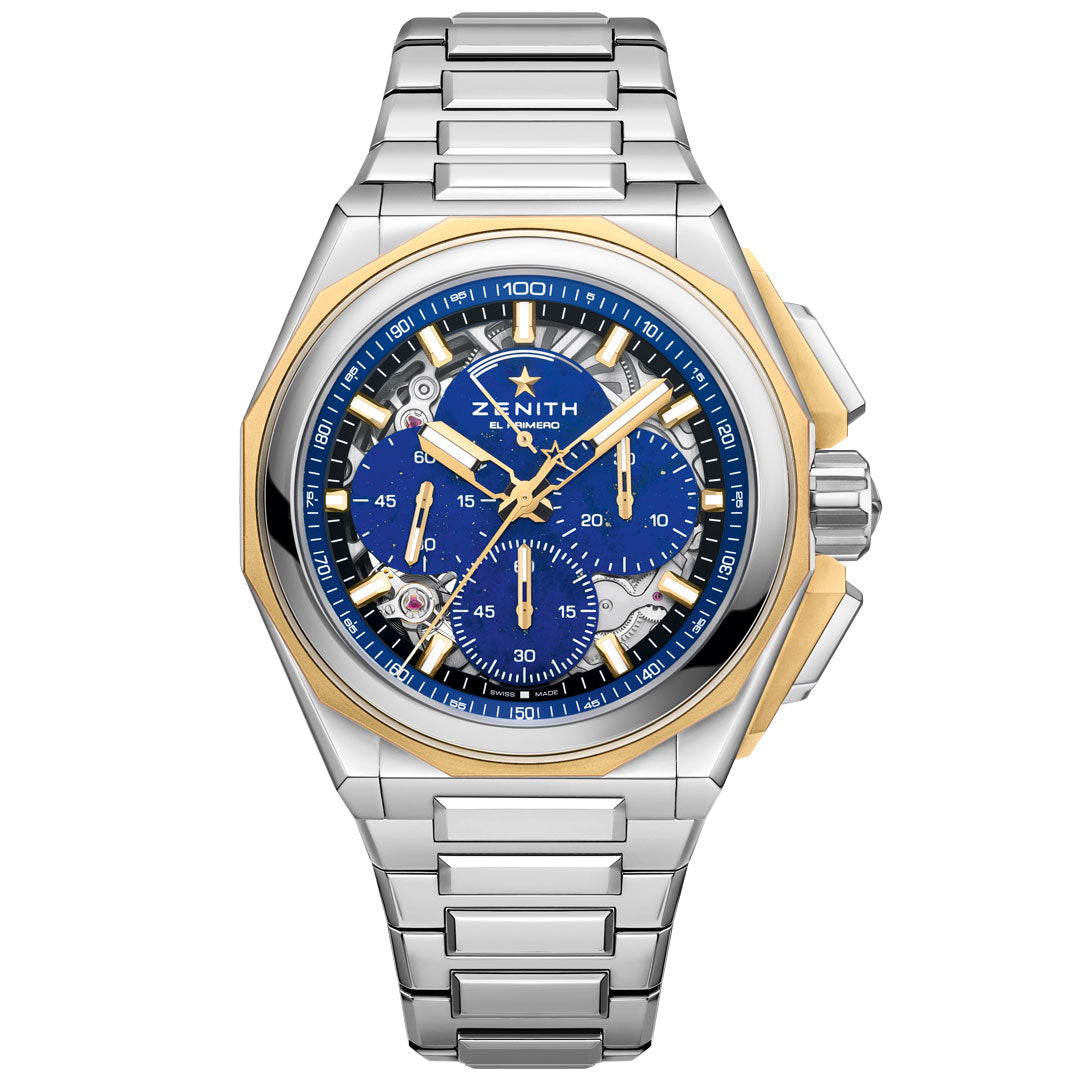 The Zenith Defy Extreme El Primero 9004 45mm Limited Edition watch features a silver and gold-toned case, blue skeleton dial with gold accents, three subdials, and a sleek metal bracelet.