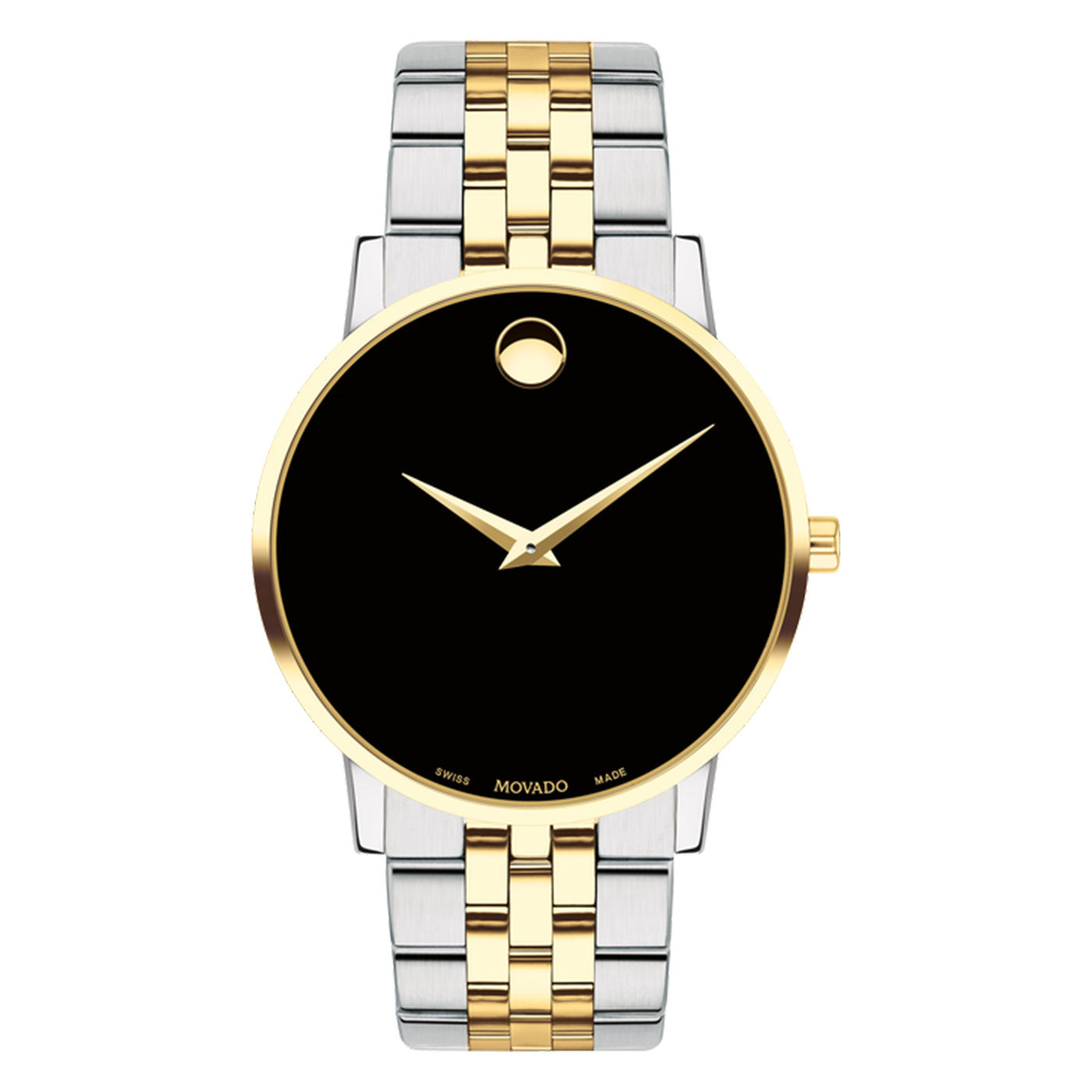 The Movado Museum Classic Quartz 42mm Watch from Movado exudes elegance and sophistication with its sleek black dial adorned by gold hour and minute hands. Its yellow gold PVD bezel beautifully complements the strap, which features a minimalist design of stainless steel links in silver and gold.