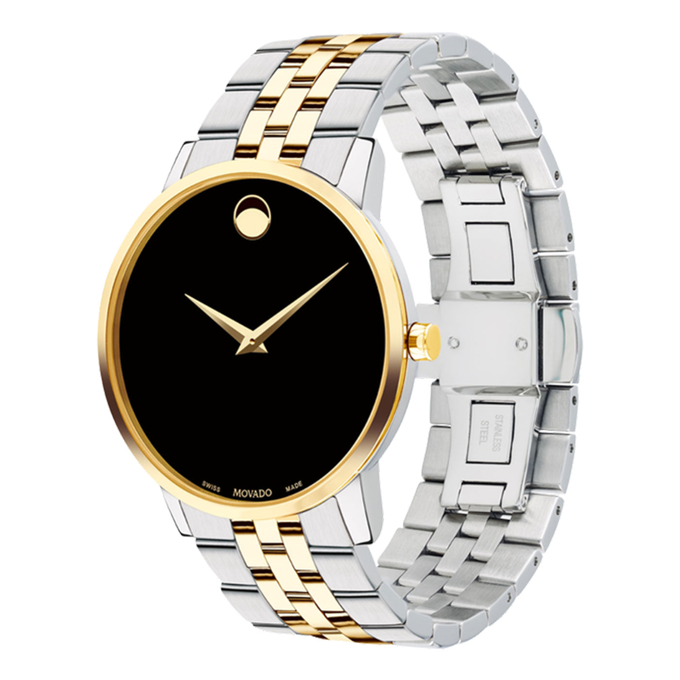 Introducing the Movado Museum Classic Quartz 42mm Watch, a sophisticated men's timepiece. It features a sleek black dial accented by gold hour and minute hands. Encased in yellow gold PVD, this watch boasts an elegant two-tone stainless steel and gold bracelet. Crafted by Movado, it embodies timeless elegance and style.