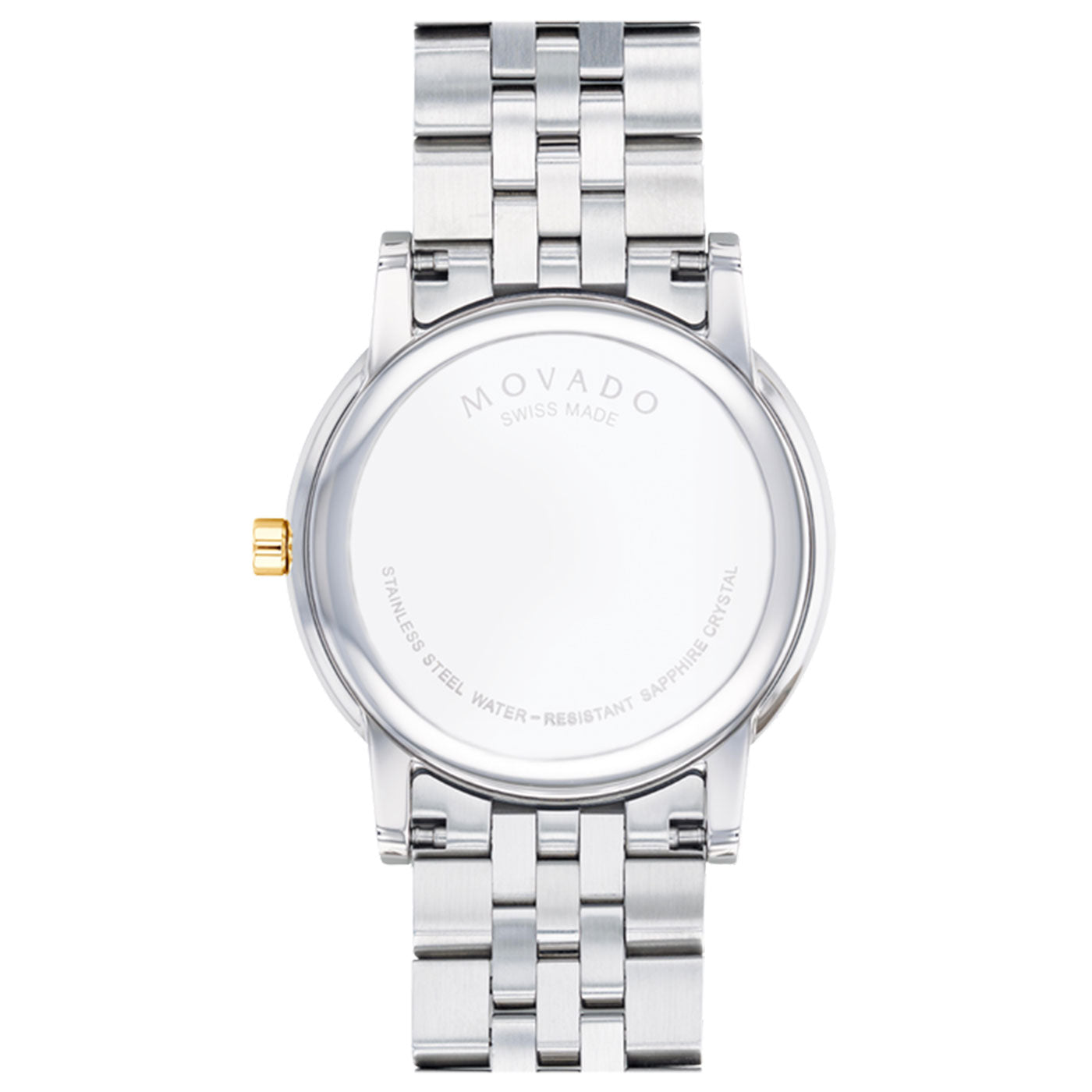 The image displays the rear view of a silver Movado Museum Classic Quartz 42mm Watch, featuring a metallic link bracelet. The watch showcases the inscriptions "SWISS MADE" and "STAINLESS STEEL WATER-RESISTANT SAPPHIRE CRYSTAL," and includes a golden crown, emphasizing the sophistication of this men's wristwatch from Movado.