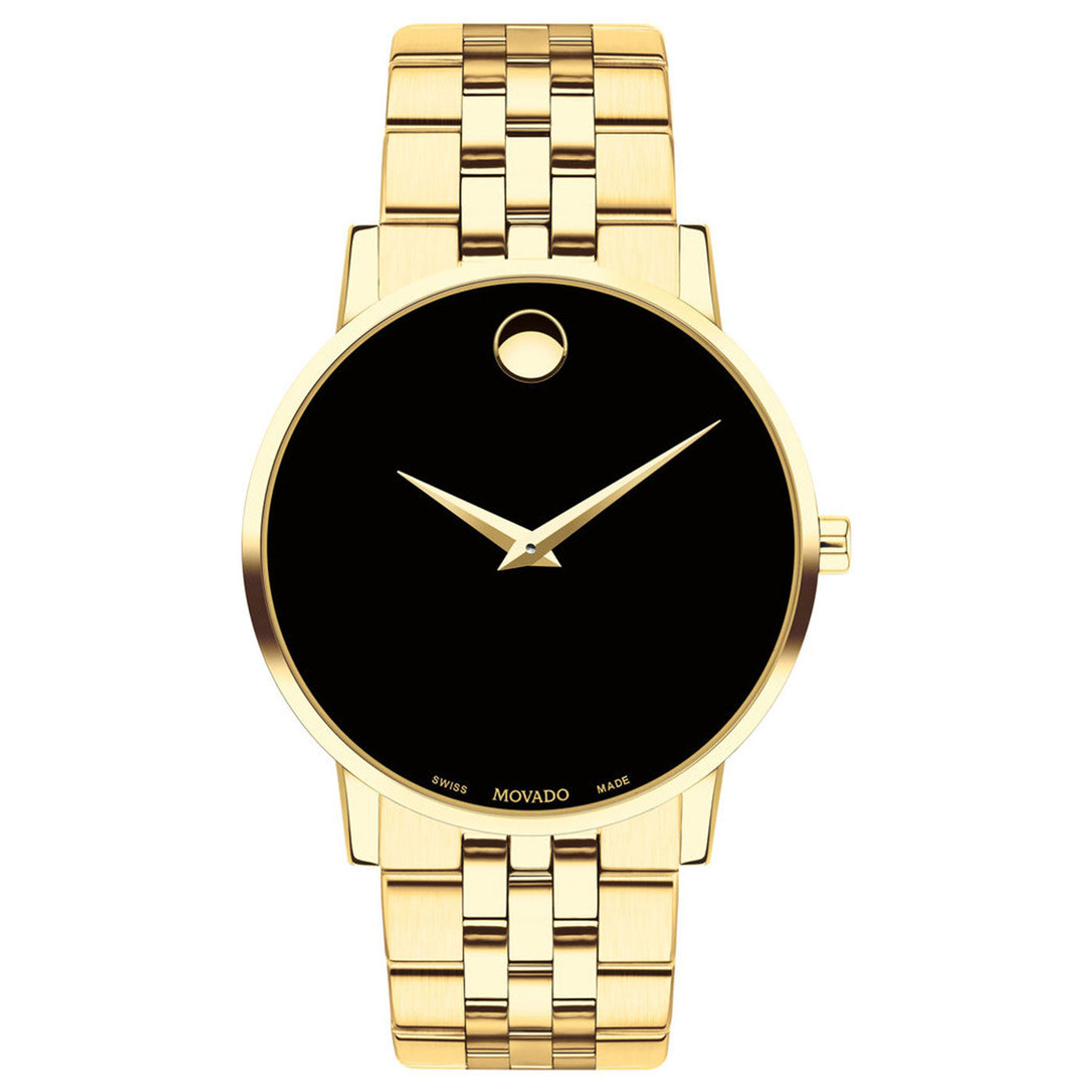 The Movado Museum Classic Quartz 40mm Watch by Movado showcases a sleek minimalist design with a black, round dial. It features gold hour and minute hands along with a single dot at the 12 o'clock position. The elegant bracelet band is made up of linked segments, adding sophistication to any ensemble.