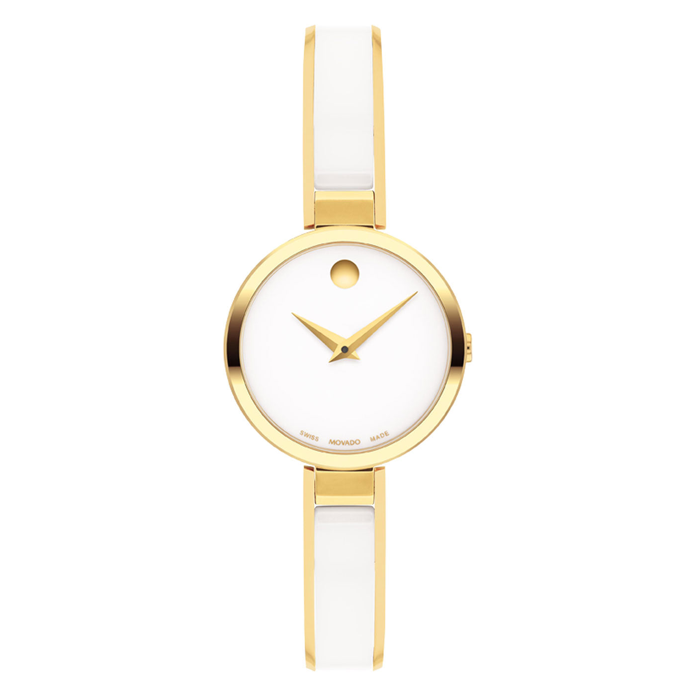 The Movado Moda Quartz 24mm Watch by Movado features a minimalist design with a round, golden case and a crisp white dial. It showcases gold hour and minute hands, along with a single golden dot at the 12 o'clock position. The sleek look is complemented by an elegant, thin white strap.