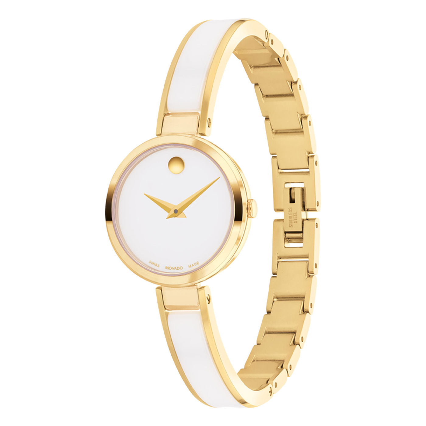 The Movado Moda Quartz 24mm Watch is a luxurious timepiece with a minimalist design that features a round, white dial adorned with gold hour and minute hands. This elegant watch is complemented by a gold link bracelet highlighted with white accents, and the Movado brand name is prominently displayed at the bottom of the dial.