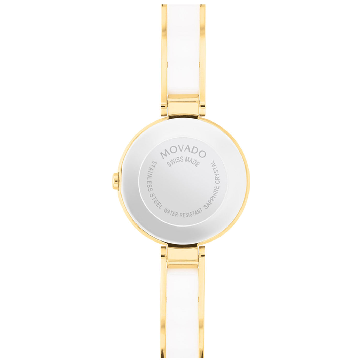 The image displays the back of a Movado Moda Quartz 24mm Watch, characterized by its white and gold band. The silver watch case underscores its Swiss craftsmanship, stainless steel construction, water resistance, and sapphire crystal, exemplifying luxury and elegance.