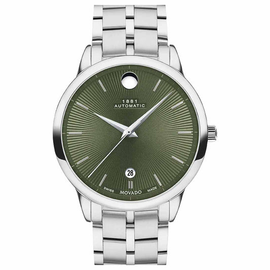 The Movado 1881 Automatic 39.5mm Watch showcases Swiss craftsmanship with a silver wristwatch design, green sunburst dial, silver hour markers, and dauphine hands. It includes a white date window at the 6 o'clock position and "1881 AUTOMATIC" prominently displayed under the 12 o'clock position to signify its self-winding movement. The watch features a round case and is complemented by a sleek silver link bracelet.