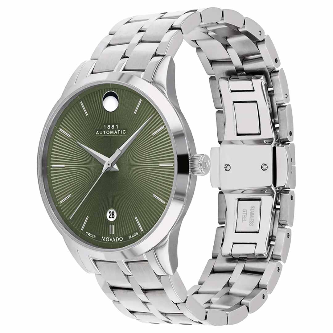 The Movado 1881 Automatic 39.5mm Watch, featuring a silver metallic link bracelet and a green sunburst dial, is equipped with stainless steel dauphine hands. Its dial includes a small date window at the 6 o'clock position and displays the "1881 Automatic" text below the 12 o'clock marker, highlighting exquisite Swiss craftsmanship.